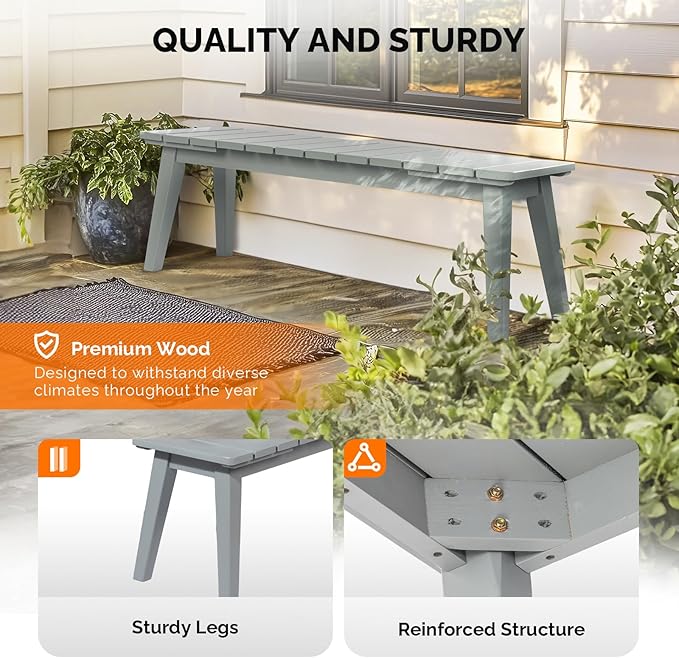VINGLI Outdoor Wooden Bench, 45” 2-Person Backless Dining Bench, Weatherproof Outdoor Patio Bench for Porch Entryway Garden (1, Gray)
