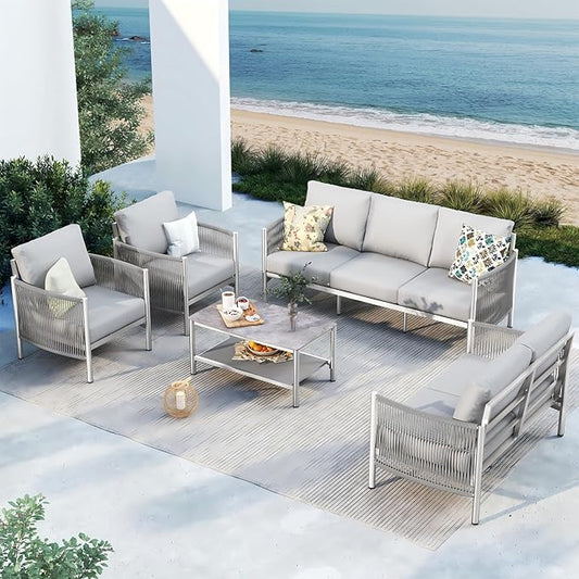 Aluminum Outdoor Patio Furniture Set with Dual-Layer Coffee Table, 5 Piece Modern Patio Conversation Sets with PE Rope, Outdoor Sectional Sofa with Thick Cushions for Balcony, Deck, Silver
