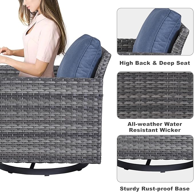 Belord Patio Sectional Furniture Set with Fire Pit Table: 8 Pieces Wicker Patio Conversation Set with L Shaped Sofa, Outdoor Swivel Glider Rocker, Rattan Ottomans, Removable Cushions Blue