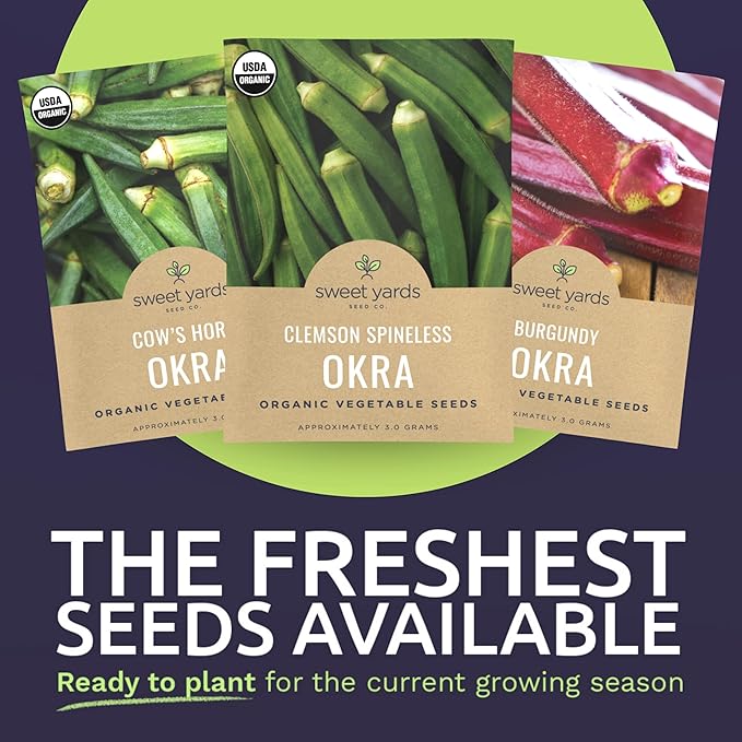Organic Okra Lovers Seeds Variety Pack - 3 Individual Packs - 2026 Season - Cowhorn, Burgundy and Clemson Spineless! for Indoor & Outdoor Planting (Non-GMO, Certified Organic)