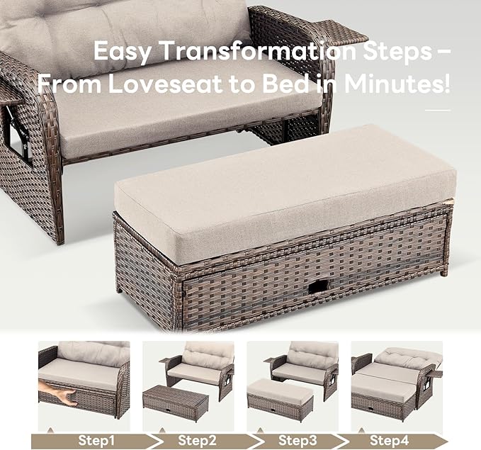 Belord Oversize Outdoor Daybed Set - Patio Recliner Loveseat with Storage Ottoman, Wicker Double Lounge Chair wth 5 Level Adjustable Backrest and 2 Retractable Table