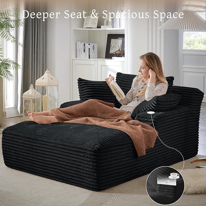 66" Chaise Lounge Chair Indoor, Oversized Boneless Couch Comfy Upholstered Sleeper Sofa Bed with 3 Pillows, Corduroy Cloud Reading Chair for Living Room No Assembly Required, Black