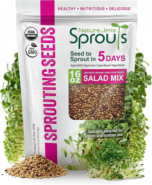 Nature Jim’s Sprouts Organic Salad Mix – Non-GMO Microgreen Seeds, Perfect for Growing Nutritious Organic Broccoli, Alfalfa, Radish & Clover Sprouts – Easy Indoor/Outdoor Home Sprouting Seeds – 1lb