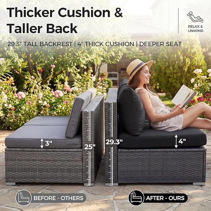 NICESOUL 9 Piece Extra Large Outdoor Patio Furniture Conversation Set with Fire Pit Natural Gas/Propane, 29.3'' High Back Modular Deep Seat Sectional Sofa Set for Outside, 2 Color Cushion Black&Gray