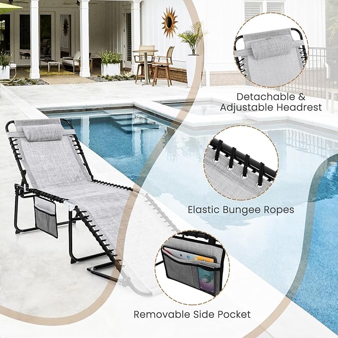 GYMAX Lounge Chairs for Outside, Extra High Folding Beach Tanning Lounger with Adjustable Backrest, Footrest & Removable Pillow, Sunbathing Lounge for Patio, Poolside (2, Grey with Pocket)