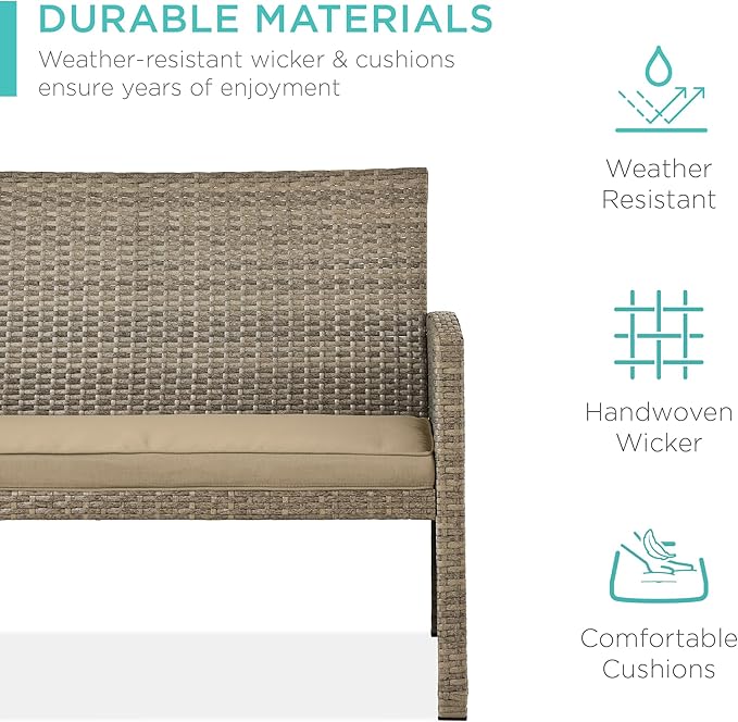 Best Choice Products 4-Piece Outdoor Wicker Patio Conversation Furniture Set for Backyard w/Coffee Table, Seat Cushions - Taupe/Desert