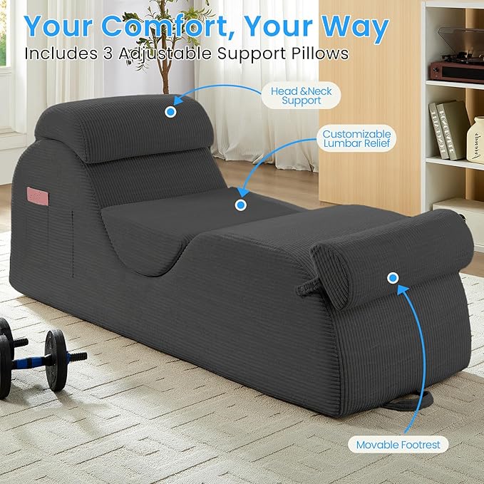 ijuicy 25" Wide Corduroy Yoga Chair, Yoga Lounge Chair for Adults, Chaise Lounge Chair Indoor/Yoga Lounger with Headrest, Waist Cushion, Movable Footrest, Side Pockets,High Density Sponge-Light Grey