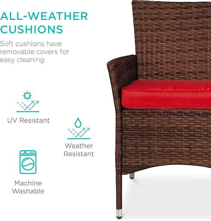 Best Choice Products 5-Piece Indoor Outdoor Wicker Dining Set Furniture for Patio, Backyard w/Square Glass Tabletop, Umbrella Cutout, 4 Chairs - Red