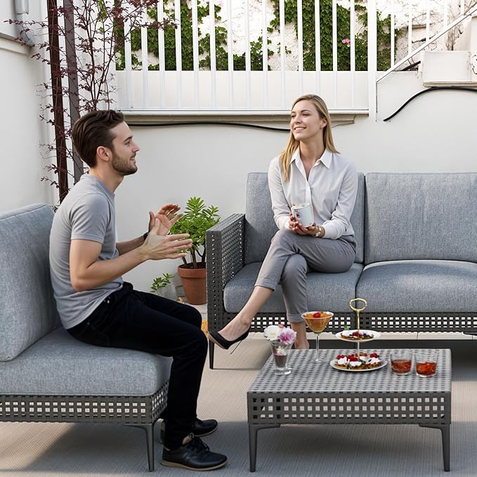 Outdoor Patio Sofa Conversation Set–Rattan 4 Seats Comfortable Couch for Garden, Yard, Weatherproof–Includes Glass Table, Armless Chairs, and Two-Seater Sofa