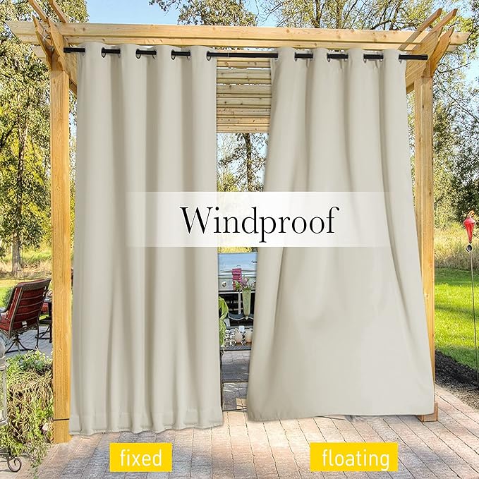 NICETOWN 2 Panels Weighted Outdoor Curtains for Patio Waterproof, Thermal Insulated Grommet & Back Tab on Top & Bottom Windproof Sun Blocking Draperies for Gazebo with Fixed Rope, Beige, W66 x L84