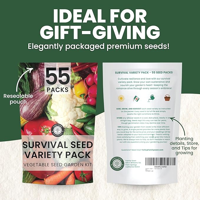 55 Vegetable Seed Packets | Survival Variety Pack | 2026 Season | Individually Packed Vegetables, Herbs and Fruits | Emergency Seed Vault for Doomsday Prepping | by Family Sown