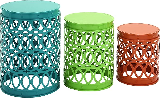 Deco 79 Metal Side End Accent Table Indoor Outdoor Nesting End Table with Carved Trellis Design, Set of 3 Side Table 22", 18", 15"H, Multi Colored