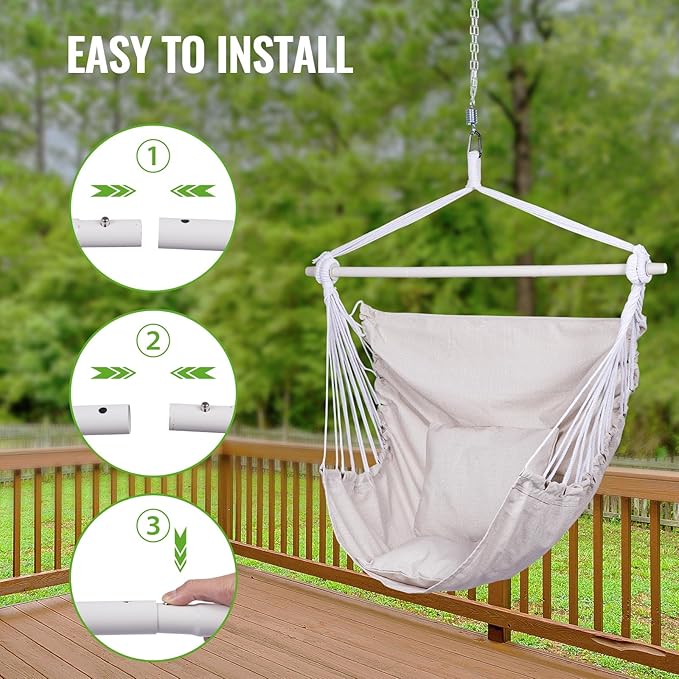 Backyard Expressions Hammock Chair Hanging Rope Swing Chair, 2 Pillows, Anti Slip Steel Spreader Bar
