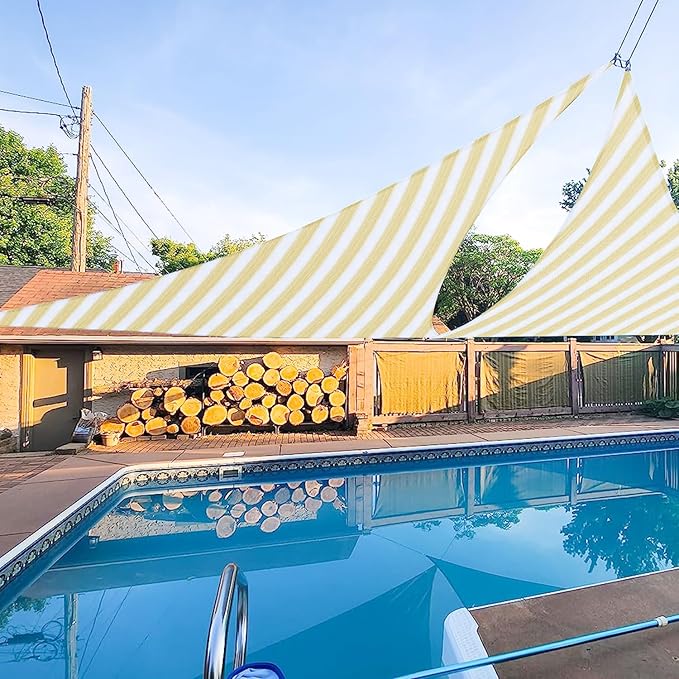E&K Sunrise 9' x 9' x 9' Sun Shade Sail Triangle Canopy Shade Cover UV Block for Patio Backyard Garden Outdoor (Beige White Strip)