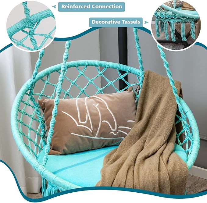 Giantex Hammock Chair Macrame Swing - Hanging with Cushion and Hardware Kit, 330 LBS Weight Capacity, Indoor for Stand, Patio, Balcony, Living Room (Turquoise) (GT10698-NPTU)