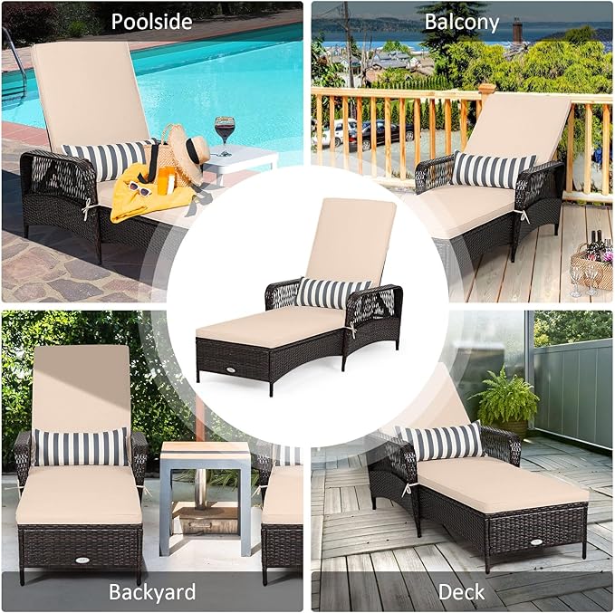 Tangkula Wicker Chaise Lounge Outdoor, Patio Rattan Reclining Chaise with 6-Gear Adjustable Backrest, Thick Padded Cushion & Removable Lumbar Pillow, Pool Lounge Chairs for Outside Balcony Backyard