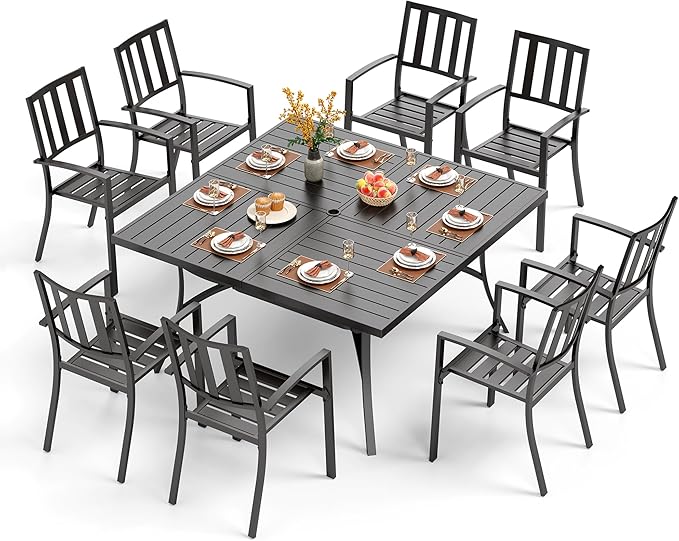 PHI VILLA 9 Pieces Outdoor Dining Set for 8, 60” Square Black Metal Table with Umbrella Hole & Stackable Iron Chairs, Large Outside Furniture Set for Patio, Deck, Yard, Porch