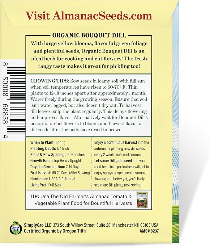 The Old Farmer's Almanac Organic Dill (Bouquet) Seeds - Approx 750 Seeds - Certified Organic, Non-GMO, Open Pollinated, Heirloom, USA Origin