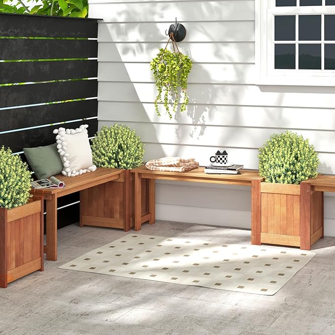 Giantex Set of 2 Outdoor Bench with Raised Garden Beds, 4-in-1 Wood Seat with Teak Oil Finish, Planter Boxes with Open-Ended Base, Garden Bench Seat for Porch Balcony Lawn Yard, DIY Assembly