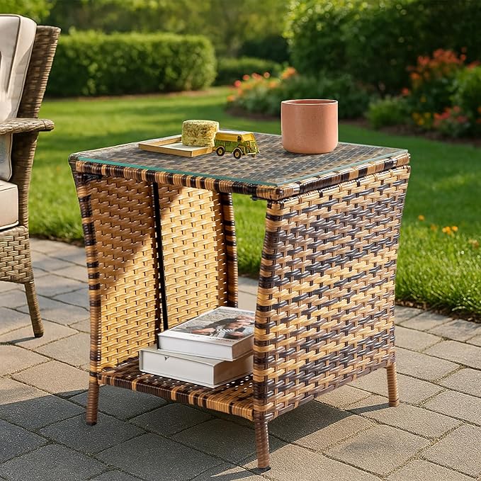 Wicker Rattan Side Table, Outdoor Square Rattan Coffee End Table with Tempered Glass Top and Storage for Patio Porch Lawn (Yellow Gradient)