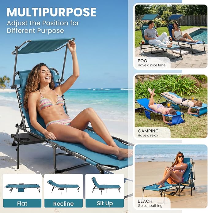 FUNDANGO 4 in 1 Tanning Chair with Face Hole & Canopy Shade, Beach Lounge Chair with Side Table Chaise Lounge Chairs for Patio, Pool, Lawn, Sunbathing, 5-Position Adjustable Sun Lounger,Cyan