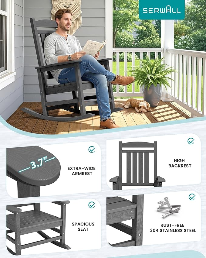 SERWALL Outdoor Rocking Chair Set of 4, HDPE Patio Rocking Chair, All-Weather Porch Rocker for Balcony, Yard, Dark Gray