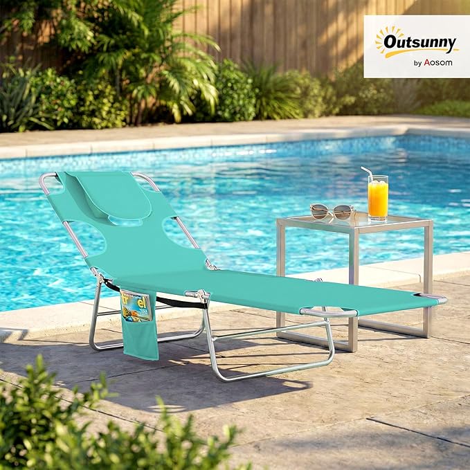 Outsunny Chaise Lounge Chair Outdoor with Face Arm Hole, 5-Position Reclining Face Down Tanning Chair with Carry Strap, Side Pocket, Portable Folding Bed Cot for Patio Beach Pool, Light Green
