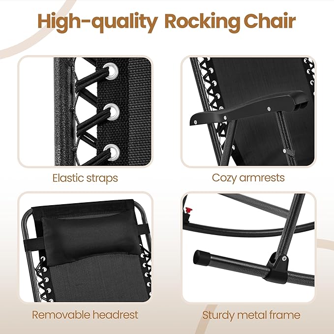 Yaheetech 26in Rocking Chair Outdoor Zero Gravity Folding Chairs Rocking Chairs Foldable Outdoor Reclining Lounge Chair for Outside Lawn with Cupholder/Pillow Ergonomic Design for Rest, Black