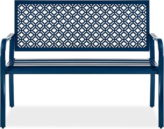 Best Choice Products Outdoor Bench 2-Person Metal Steel Benches Furniture for Garden, Patio, Porch, Entryway w/Geometric Backrest, 790lb Capacity - Peacock Blue