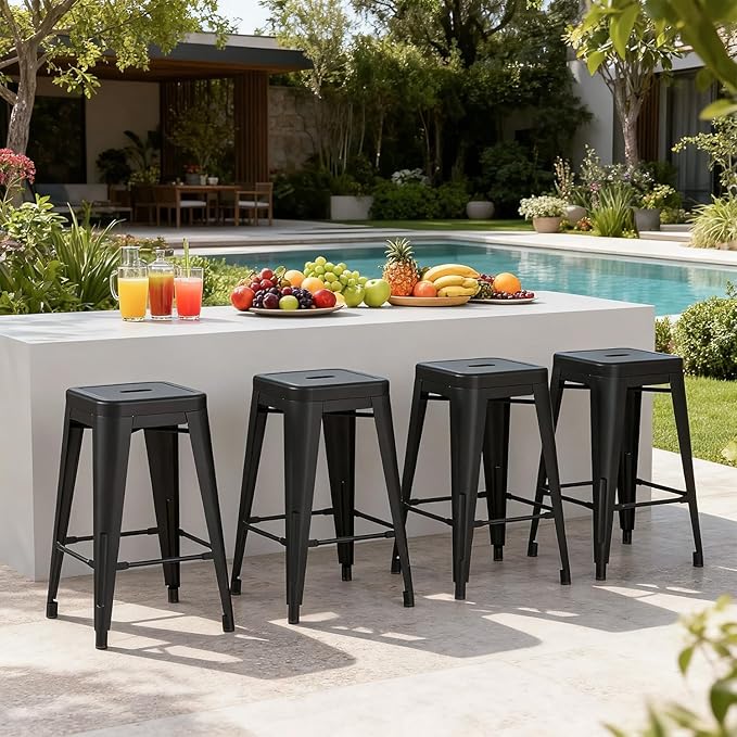 Stackable Metal Bar Stool Backless Indoor-Outdoor Counter Stools Fullmetal Dinning Chairs Set of 4 (Black, 24 Inch)