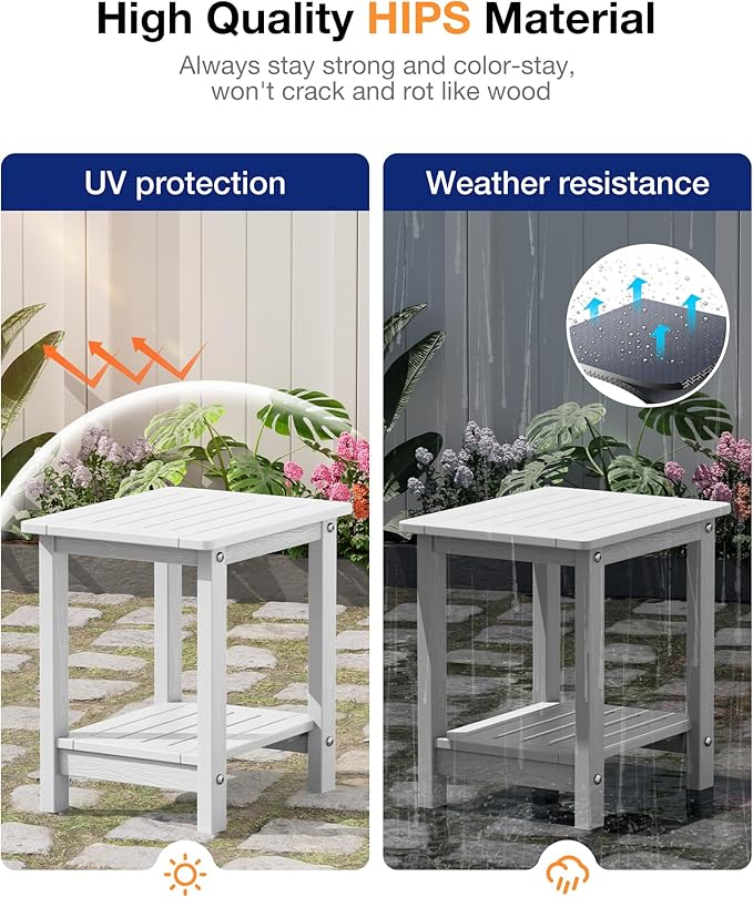 YEFU Outdoor Side Table for Patio: 16" HIPS Weather - Resistant Adirondack Tables - Waterproof Small Square End Tables for Backyard Pool Porch Balcony - Indoor Outdoor Double Layer Table White