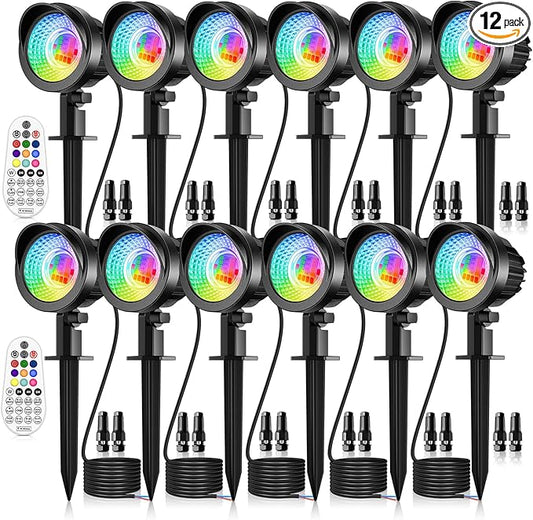 MEIKEE 15W RGB Landscape Lights 12V 24V Low Voltage Landscape Lighting RGBW Color Changing IP66 Waterproof Outdoor Spot Lights with Connectors for Garden Path Yard (12 Pack)
