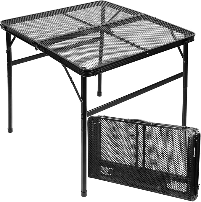 Square Folding Card Table with Adjustable Height (12" & 26"), Black Portable Metal Mesh Table for Camping, BBQ, Picnic, Game, Patio & Indoor Use, Fits 2–4 People, Lightweight 7.6 lb, Supports 66 lb