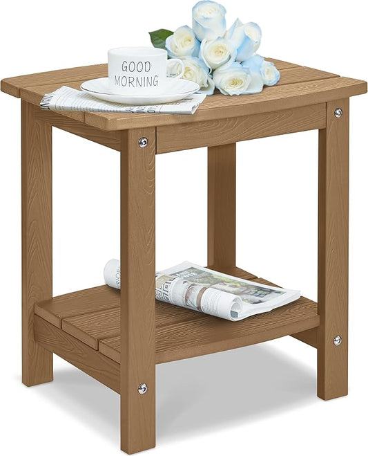 Y&M Outdoor Side Table, HIPS Adirondack Small Double Layer Table, Waterproof Square Outside Table, Balcony Modern End Tables for Patio, Pool, Beach, Porch, Deck, Indoor or Outdoor Use, Brown