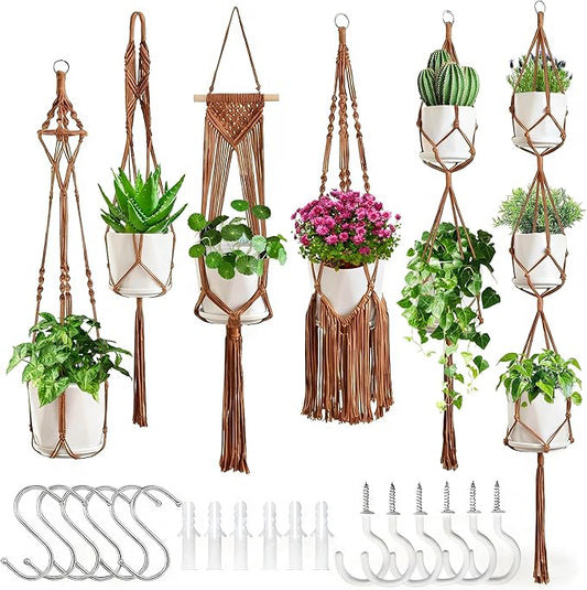Macrame Plant Hangers, 6Pack Hanging Plant Holders Indoor w/ 6 Set Hooks Handmade Cotton Rope Plant Hangers Set Flower Pots Holder Stand Boho Home Decor Hanging Planters for Indoor Outdoor Plants
