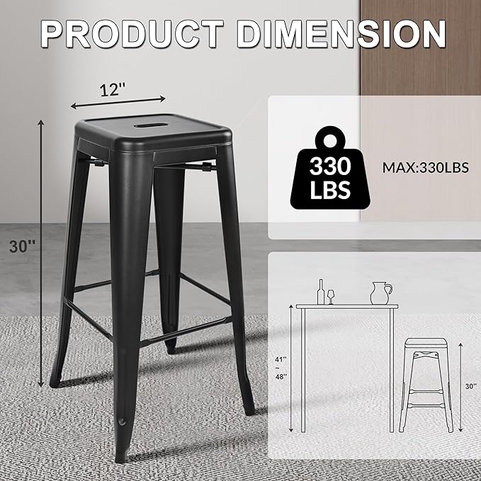 Elevon 30 Inches Metal Bar Stools, High Backless Stools, Indoor Outdoor Stackable Kitchen Stools, Set of 4, Black