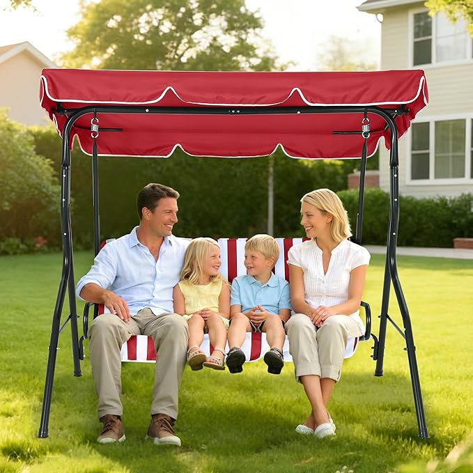 Outdoor Porch Swing Chair with Adjustable Canopy & Striped Seat Cushion for Adults 3-Seat Patio Glider Bench with Thick Cushions Steel Frame Outdoor Swing Chair for Backyard Lawn Garden Red