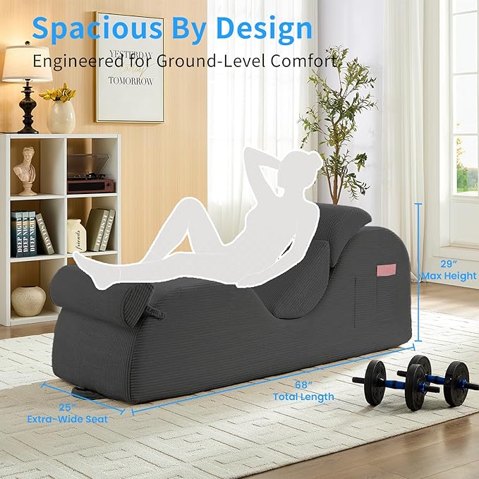 ijuicy 25" Wide Corduroy Yoga Chair, Yoga Lounge Chair for Adults, Chaise Lounge Chair Indoor/Yoga Lounger with Headrest, Waist Cushion, Movable Footrest, Side Pockets,High Density Sponge-Light Grey