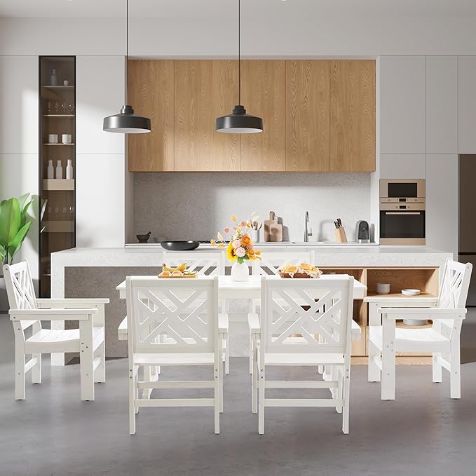 HDPE Dining Table Set for 6,7-Piece Outdoor Table and Chairs Include 6 Dining Chairs and 62.5" Patio Dining Table with Umbrella Hole (White)