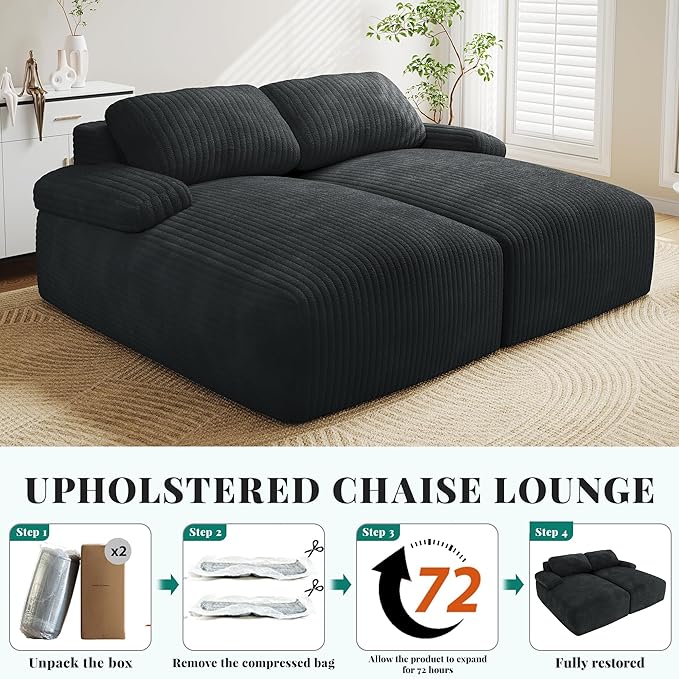 YITAHOME 80" Oversized Double Chaise Lounge, Upholstered Cloud Sofa with Deep Seat & 2 Pillows, Corduroy Loveseat Sleeper Couch with Thick-Density Foam for Living Room, Home Office, No Assembly, Black