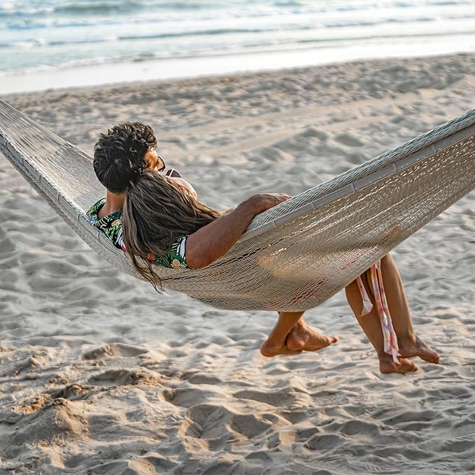 Lazy Daze Hammocks Handwoven Mayan Hammock, 10.5 FT Soft Rope Double Hammocks, Portable Outdoor Hammock with Carry Bag, 2 Straps & Carabiners for Patio Outside, 550 lbs Weight Capacity, Natural