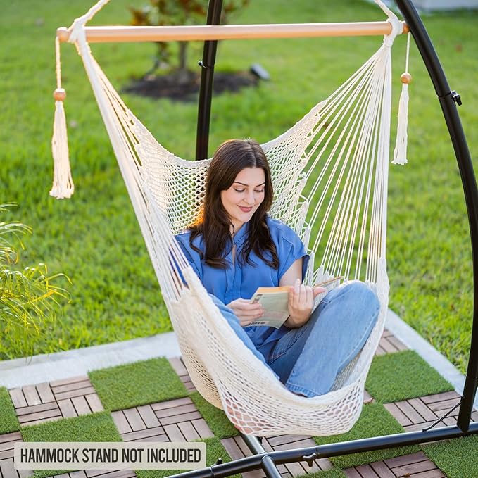 JoyView Hammock Chair with Spreader Bar Caribbean Hammock Swing Chair 300 LBS Weight Capacity XL Rope Hanging Chair for Outdoor Indoor Garden Yard - Light Blue
