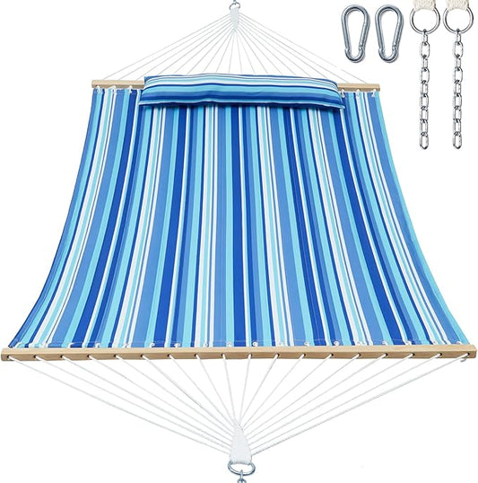 Double Quilted Fabric Tree Hammock with Spreader Bar, 12ft Hammocks 2 Person for Outside, Fits 11ft -13ft Hammock Stand, Large Pillow, Side Pocket & Carabiner, Max 475 lbs Capacity (Ocean Blue)