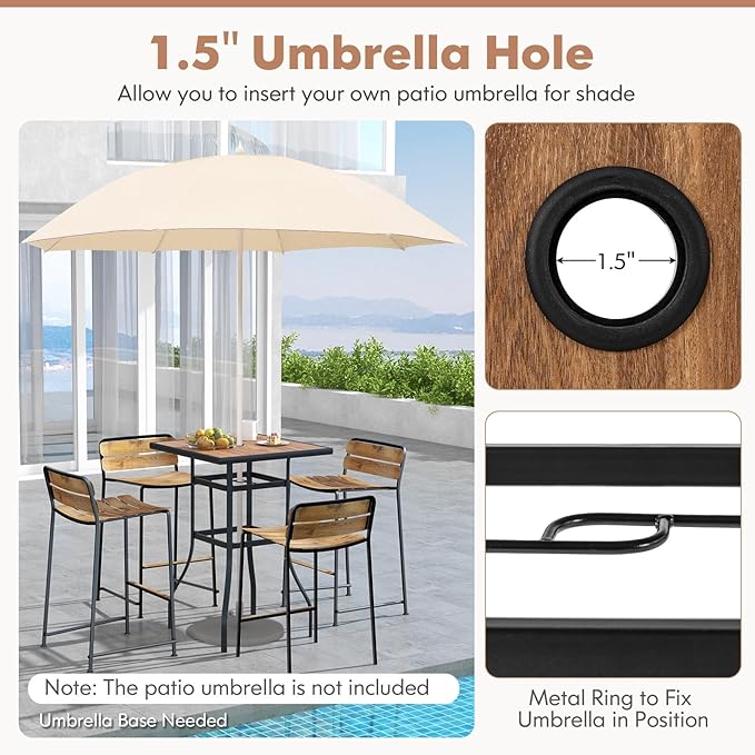 Tangkula 27.5 Inch Patio Bar Table, Outdoor Bar Height Table with 1.5" Umbrella Hole, Wooden-Like Tabletop & Heavy-Duty Metal Frame, Square Bistro High Top Table for Backyard, Balcony, Poolside