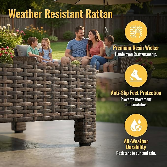 Wisteria Lane 7 Piece Patio Furniture Set, High Curved Back Wicker Patio Sectional, All Weather Outdoor Dining Set, Outdoor Furniture Patio Conversation Set with Ottoman, Ivory