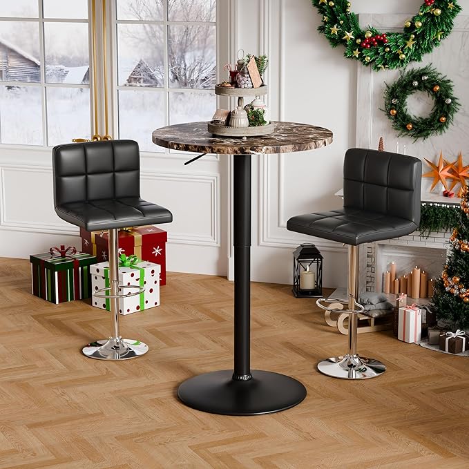 Flamaker Round Bistro Pub Table 23.6 Inch Height Adjustable 360° Swivel Bar Table Metal Base for Pub, Dining Room, Party (1, Marble-Black)