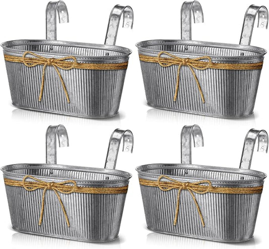 Hicarer 4 Pcs Metal Hanging Flower Pots, 10.6 Inch Vertical Grained Metal Color Outdoor Hanging Planters Window Plant Holder with Detachable Hooks for Railing Fence Balcony Garden Yard