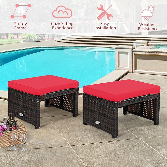 Tangkula 2 Pieces Patio Rattan Ottomans, All Weather Outdoor Footstool Footrest Seat with Soft Cushion, Hidden Zipper, High-Density Sponge, Wicker Ottoman Seat for Patio, Garden, Poolside (Red)
