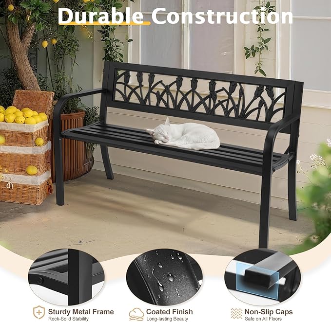 Outvita Outdoor Bench, 50" Iron Steel Frame Garden Bench with Tulip Pattern and Plastic Backrest Armrests, Patio Bench for Garden Park Yard Front Porch Patio, Black
