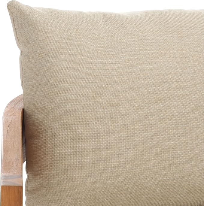 SAFAVIEH Outdoor Patio Furniture Collection - Kento Natural Wood 3-Seater Sofa with Taupe Cushions, Wide & Comfortable Deep Seating, Modern Design (PAT7098A)